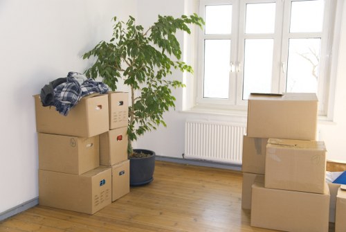 Removal team managing a flat move in Crystal Palace with packed boxes