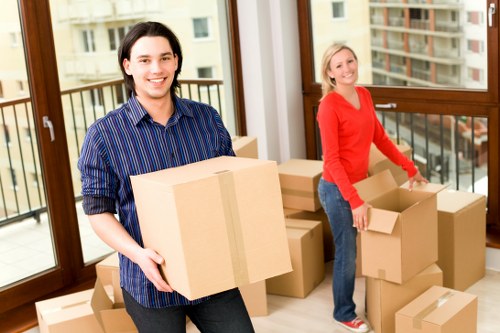 Packed boxes and furniture ready for a house move in Crystal Palace