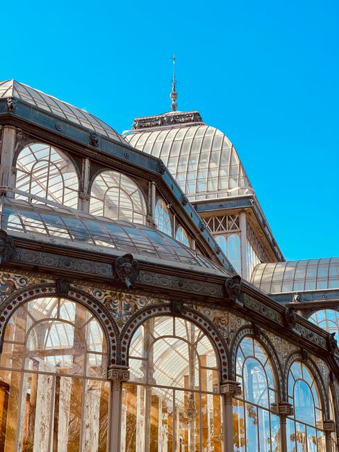 A large, ornate glass and metal conservatory with arched windows and decorative detailing, situated outdoors under a clear blue sky. The structure appears to be a historic or botanical building, with 