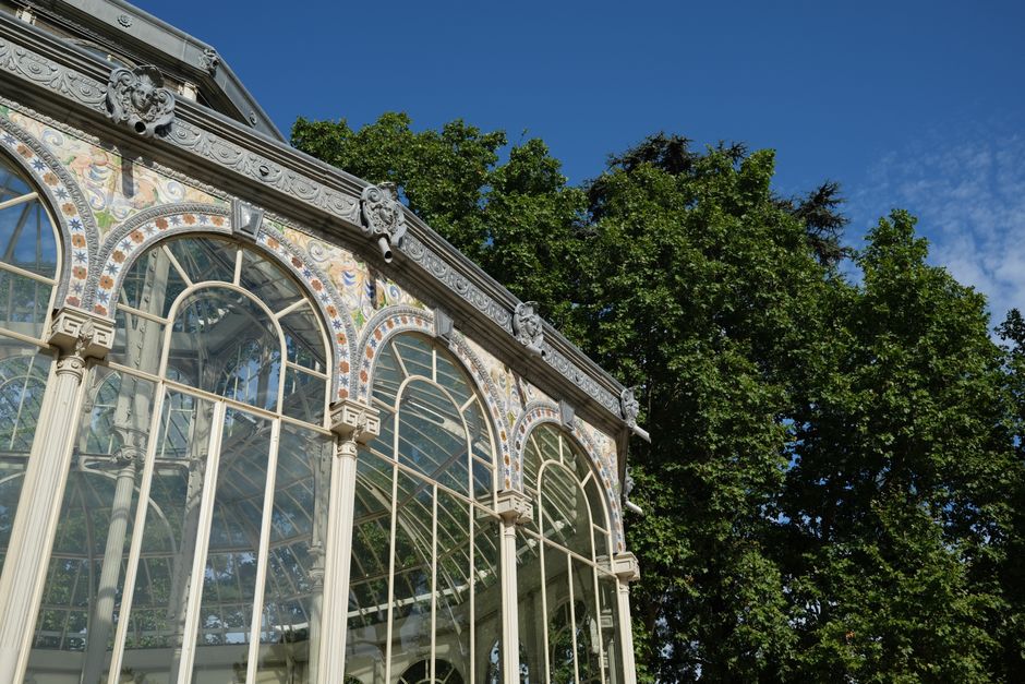 A detailed view of the ornate exterior of a historic glasshouse, featuring large arched windows with white metal frames and decorative embellishments, set against a clear blue sky. The glass panels reflect the sunlight and reveal part of the interior structure. Surrounding the glasshouse are lush green trees with thick foliage, indicating a park or garden setting. The image captures the upper section of the building, including intricate moldings and decorative elements along the roofline. The setting is outdoors during daylight, with natural lighting highlighting the architectural details. This scene relates to house removals and moving services provided by Crystal Palace Movers, illustrating the careful handling and transport of valuable and delicate structures during packing and relocation processes.